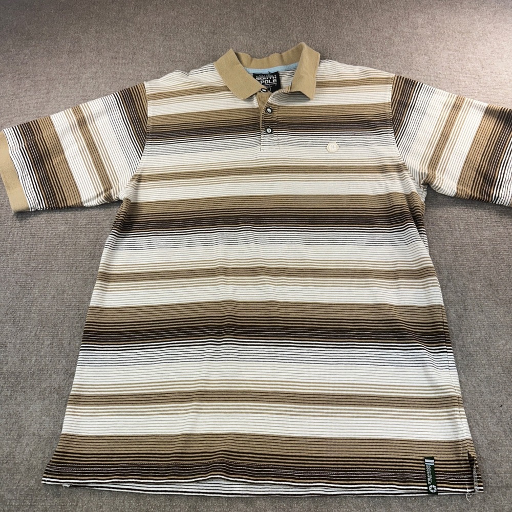 Southpole Mens Brown Striped Short Sleeve Polo Shirt Large Y2K Streetwear Cotton